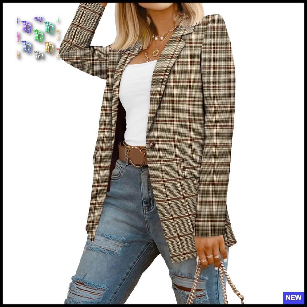 Classic Plaid Blazer Professional Work Suit Jacket Lined with Pockets